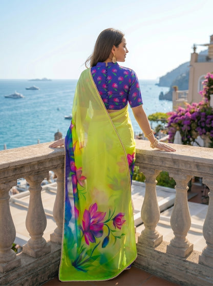 Premium Floral Print Georgette Saree with Elegant Moti Lace Border & Running Blouse | Designer Party Wear Saree