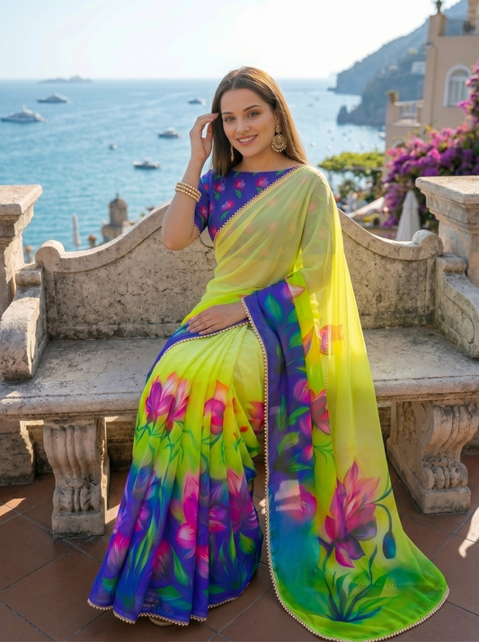 Premium Floral Print Georgette Saree with Elegant Moti Lace Border & Running Blouse | Designer Party Wear Saree