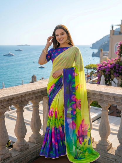 Premium Floral Print Georgette Saree with Elegant Moti Lace Border & Running Blouse | Designer Party Wear Saree