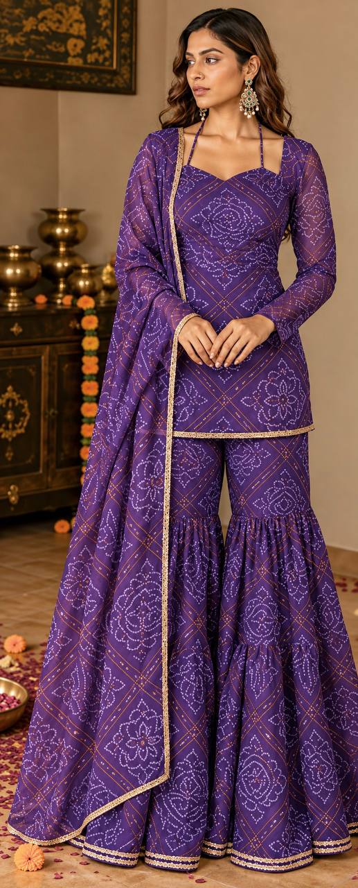 Designer Digital Print Faux Georgette Sharara Suit with Fancy Lace – Party Wear, Wedding & Festive Collection