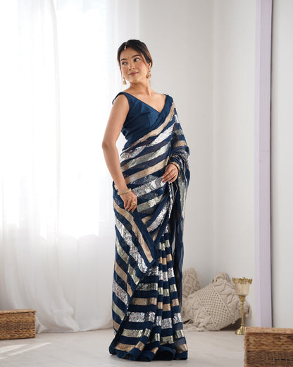 Navy blue heavy georgette designer sequin work saree for women