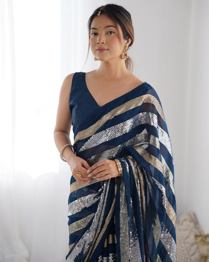 Elegant navy blue party wear georgette saree with embroidery work