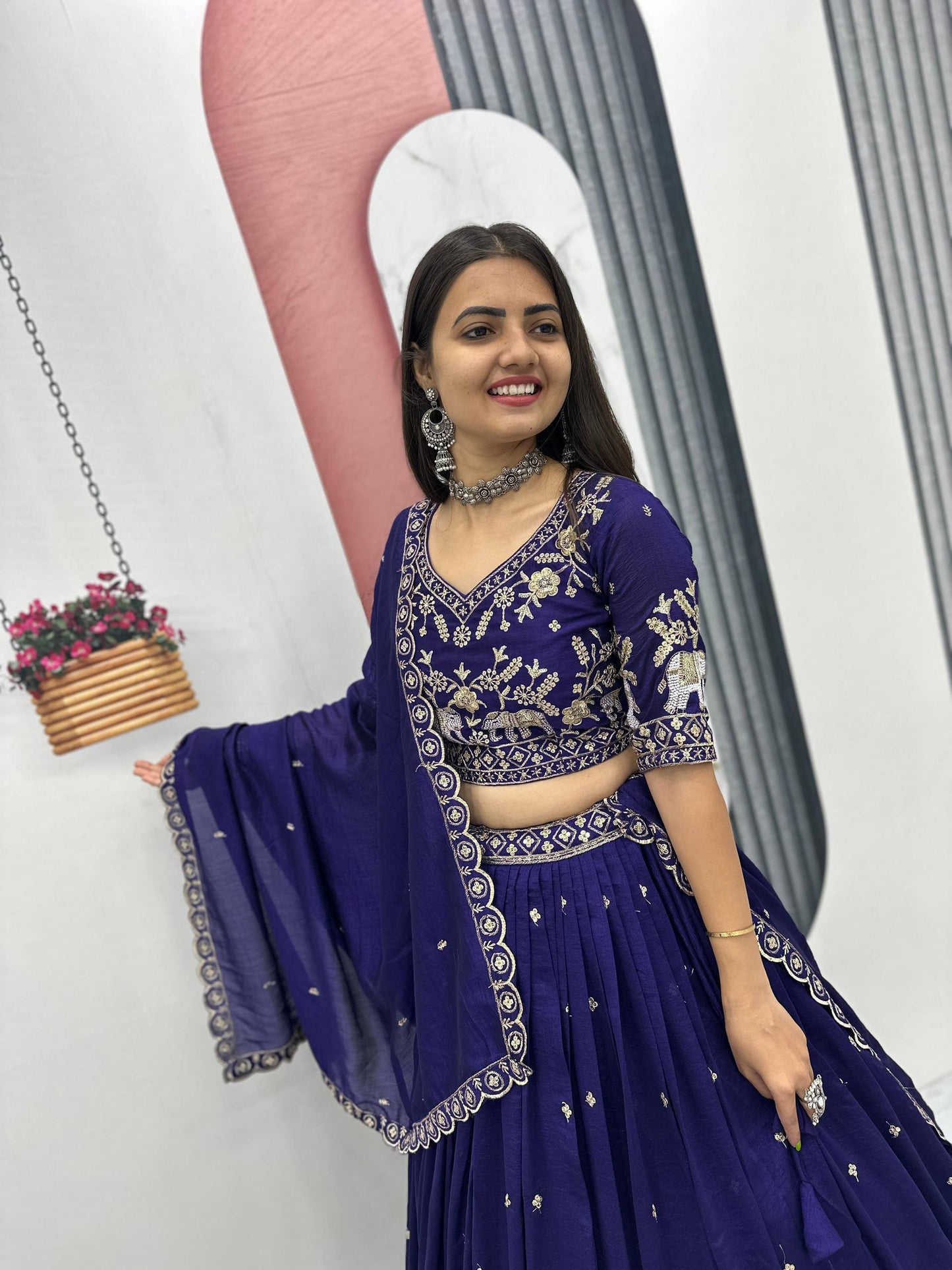 Navy Blue Party Wear Pure Chinon Lehenga Choli with Matching Dupatta