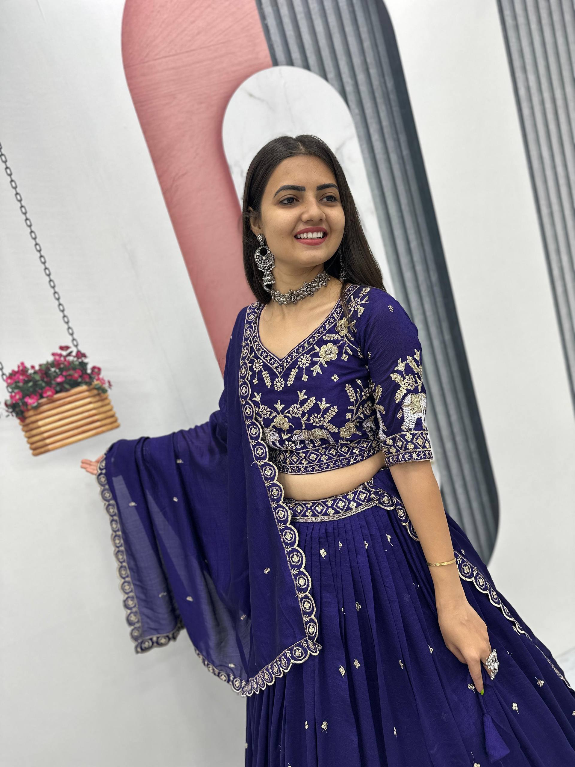 Navy Blue Party Wear Pure Chinon Lehenga Choli with Matching Dupatta