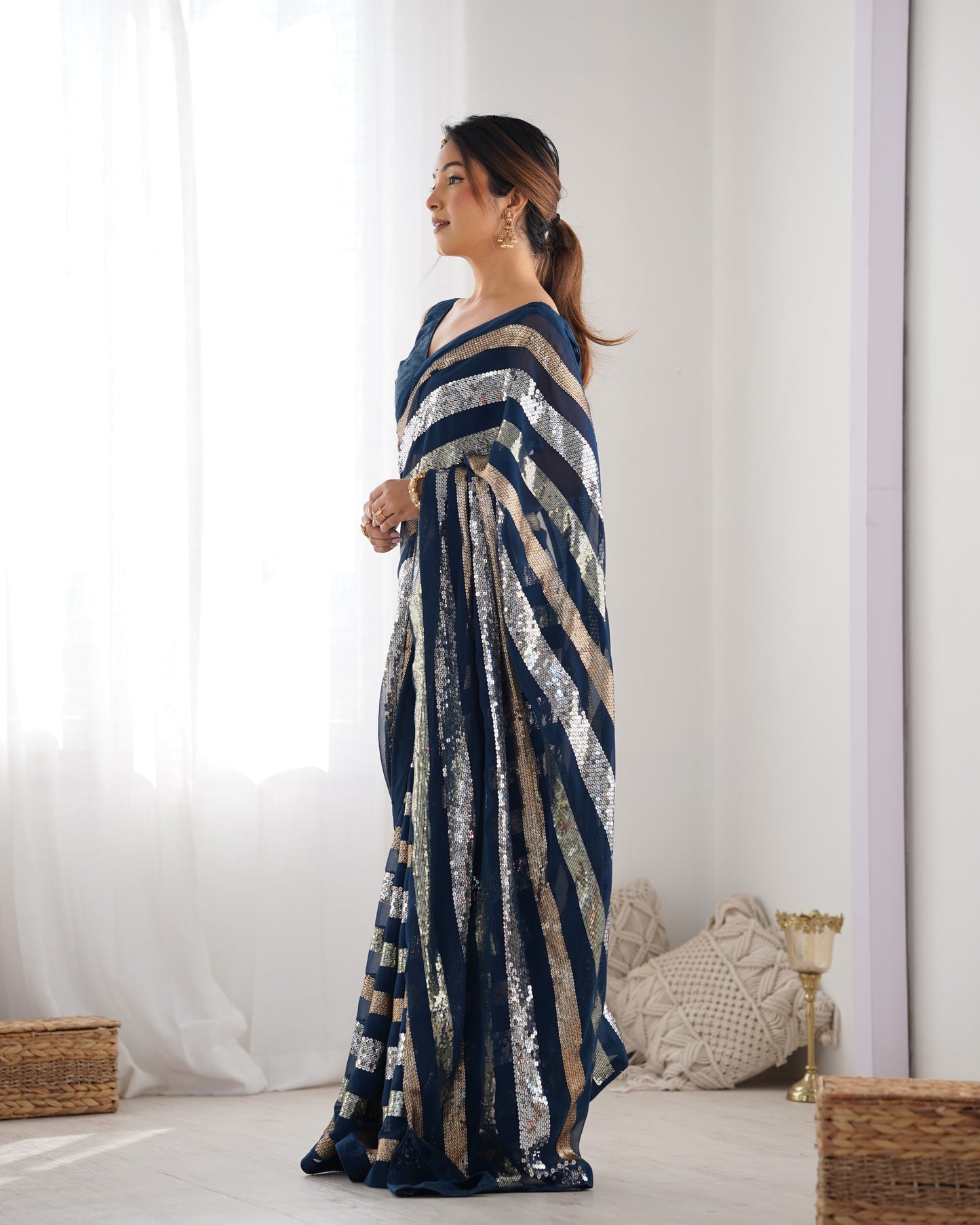 Stylish navy blue wedding wear georgette saree with unstitched blouse