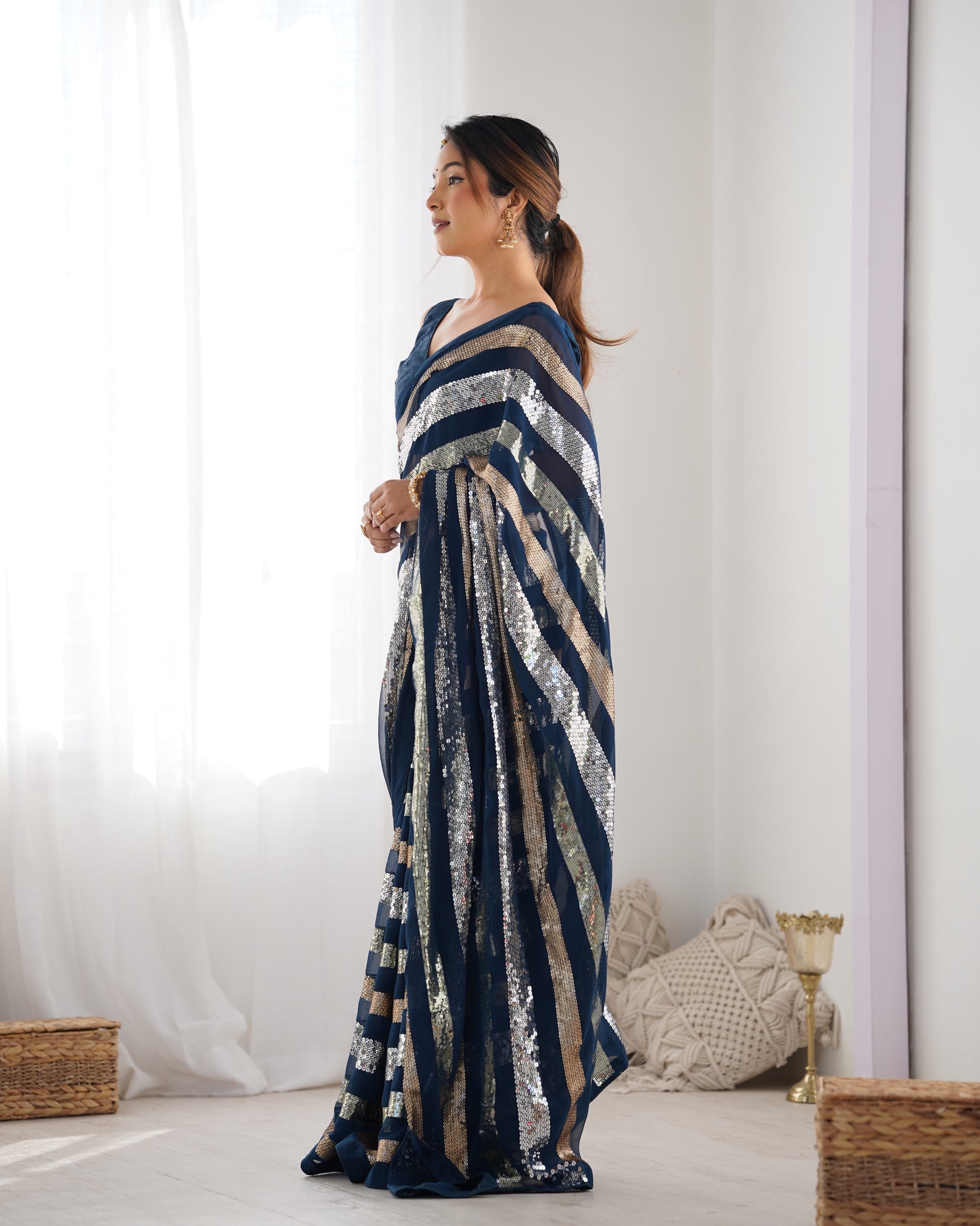 Stylish navy blue wedding wear georgette saree with unstitched blouse