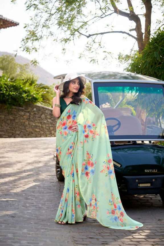 Premium Floral Print Georgette Saree with Moti Lace Border & Running Blouse | Party Wear Designer Saree