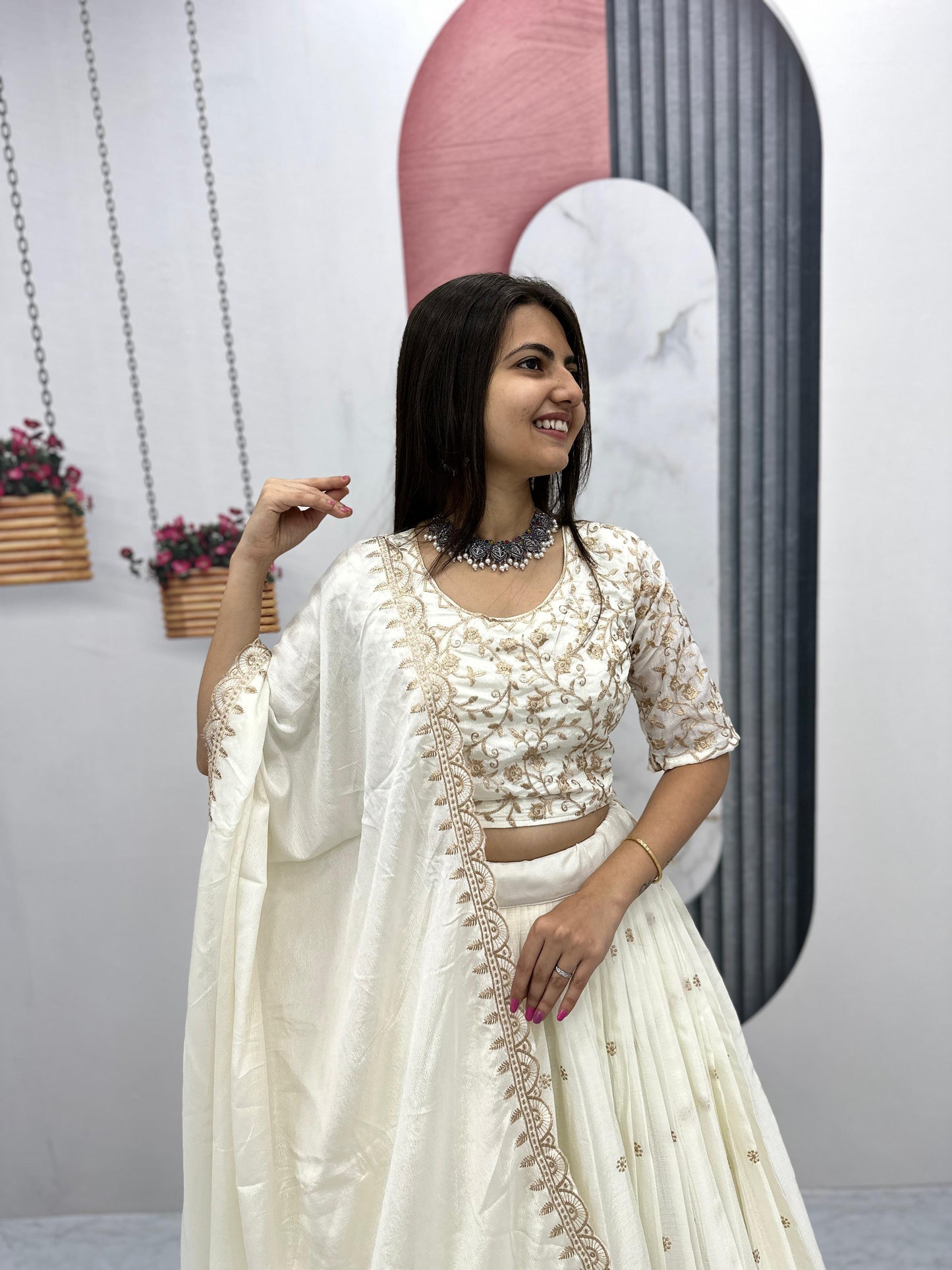 Off White Chinon Silk Lehenga Choli with Heavy Embroidery Work and Dupatta