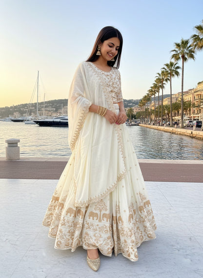 Heavy Embroidered Off White Chinon Silk Lehenga for Wedding and Festive Wear