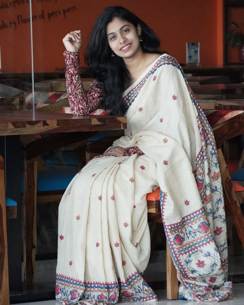 Off White Pure Linen Cotton Saree with Floral Digital Print Border Front View