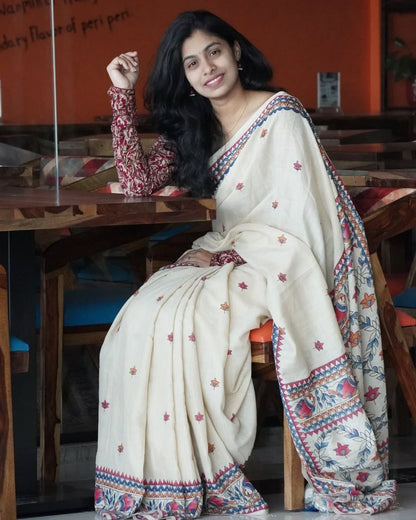 Off White Pure Linen Cotton Saree with Floral Digital Print Border Front View