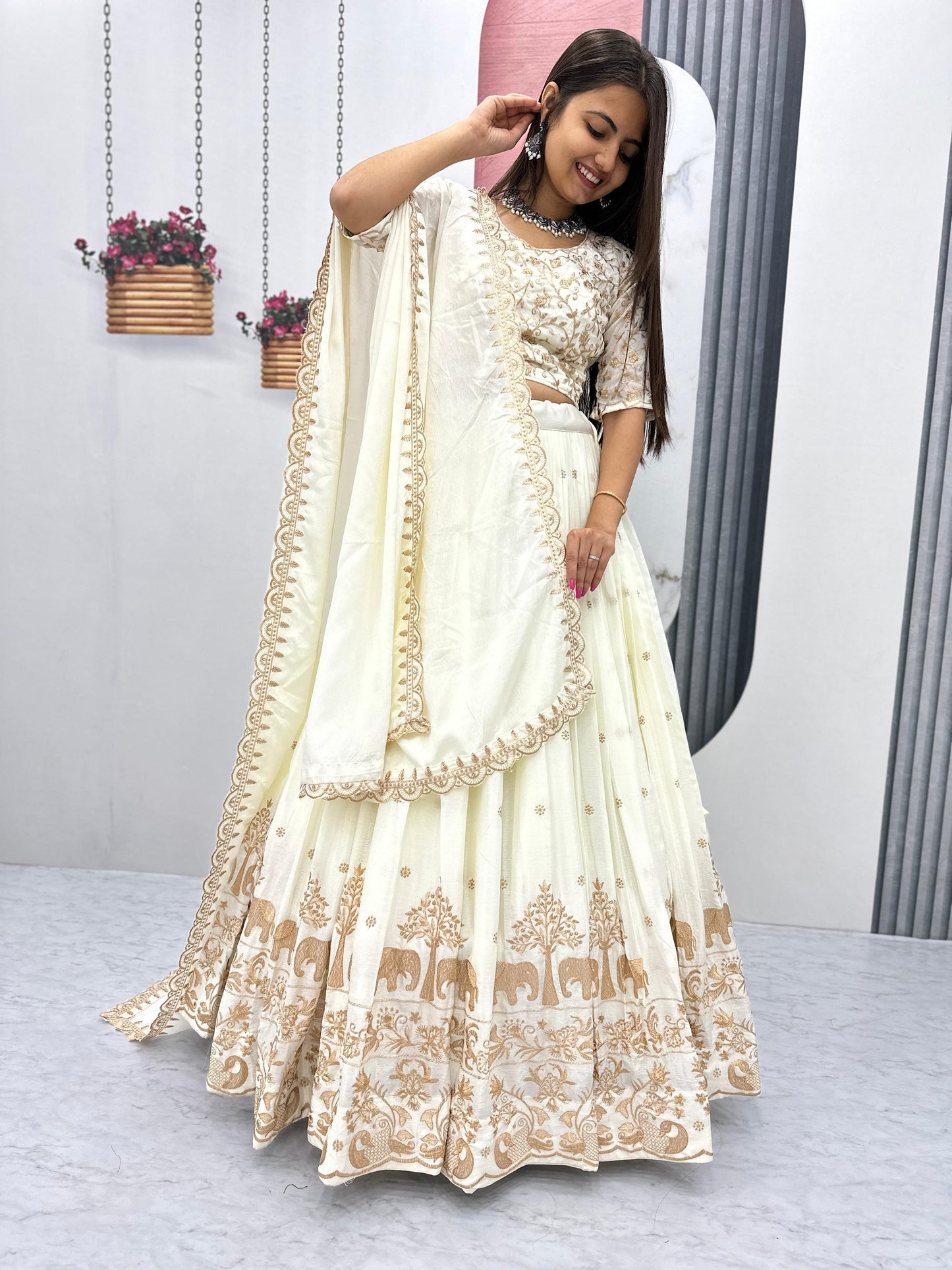 Off White Party Wear Chinon Silk Lehenga Choli with Matching Dupatta