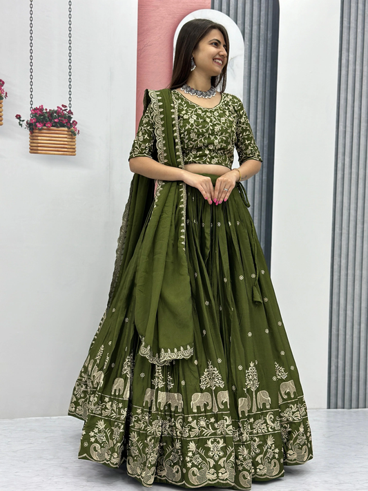 Olive Green Chinon Silk Lehenga Choli with Heavy Embroidery Work and Dupatta