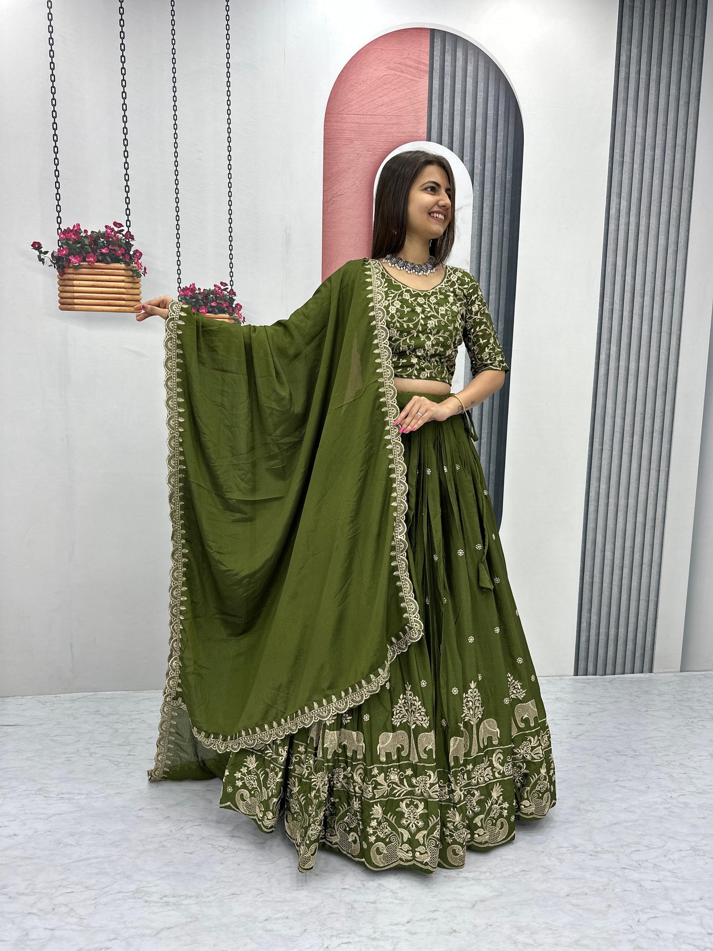 Olive Green Party Wear Chinon Silk Lehenga Choli with Matching Dupatta