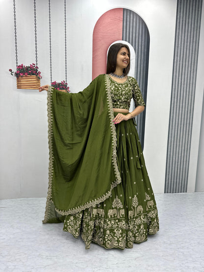 Olive Green Party Wear Chinon Silk Lehenga Choli with Matching Dupatta