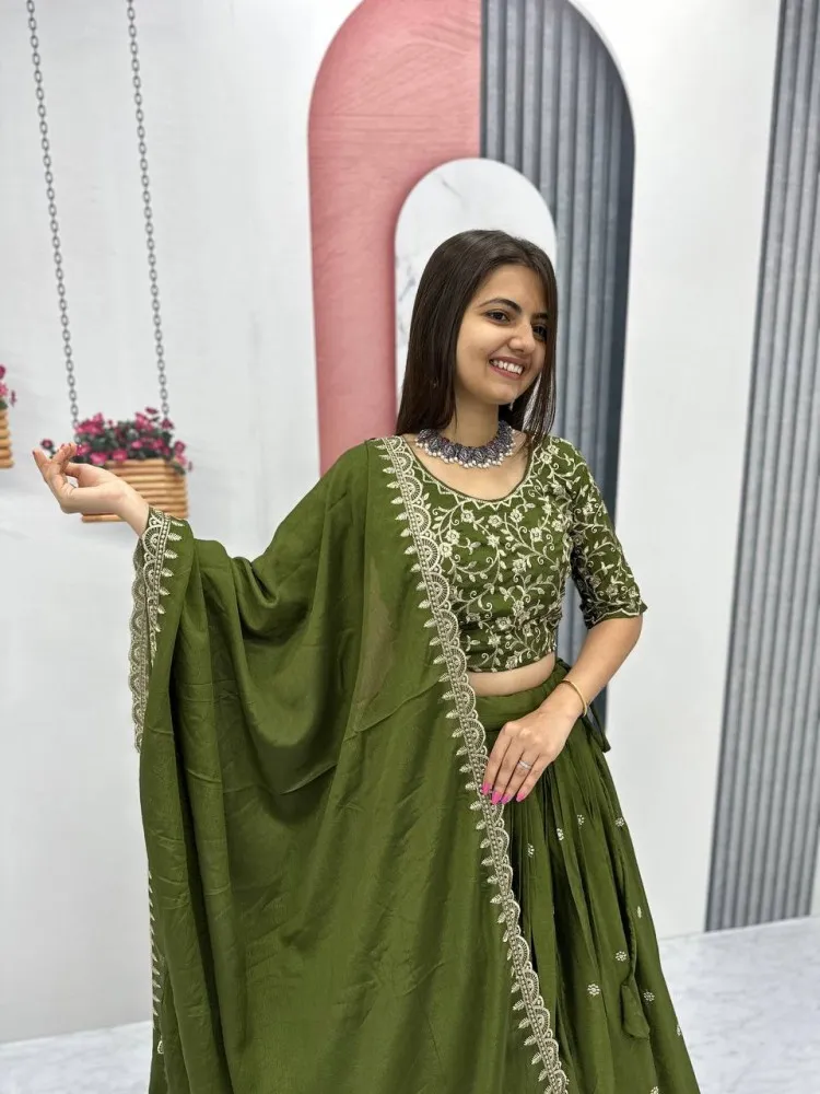 Olive Green Party Wear Chinon Silk Lehenga Choli with Matching Dupatta
