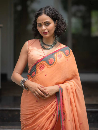 Traditional Orange Linen Cotton Saree with Ultra HD Digital Print for Festive Wear
