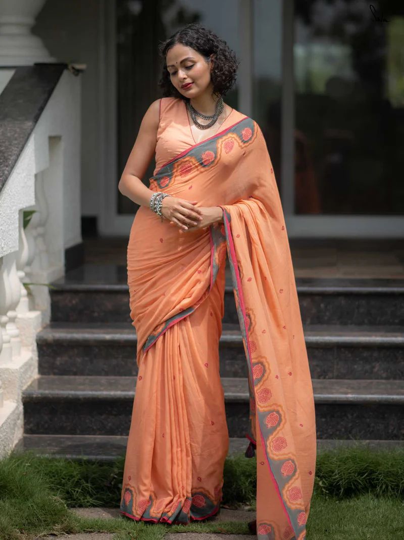 Orange Pure Linen Cotton Saree with Ultra HD Digital Print and Handmade Zalar Front View