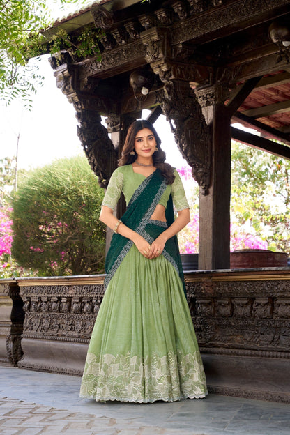 Parrot green embroidered lehenga with maroon dupatta and designer blouse front view
