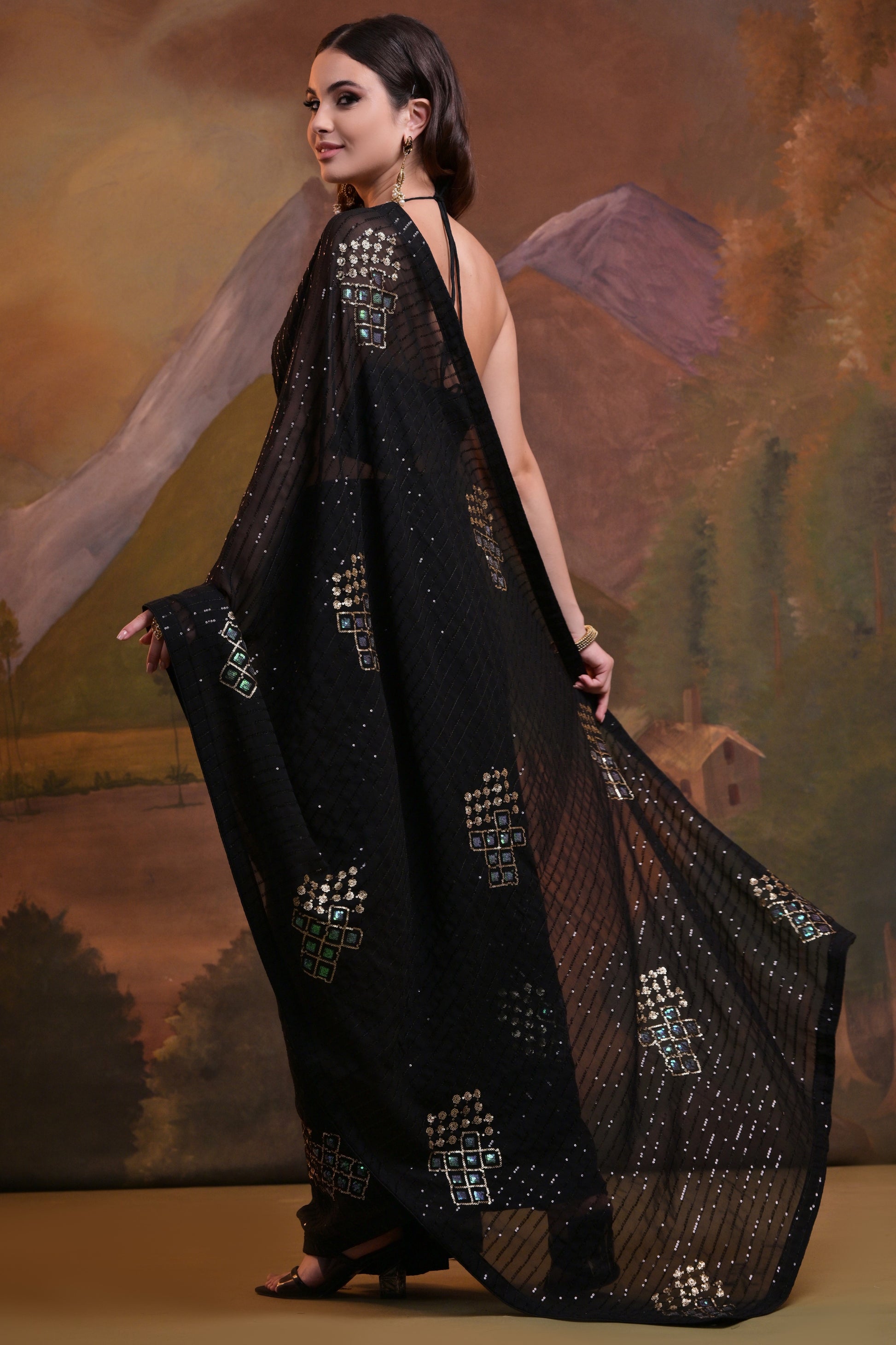 Full-length view of black party wear Soft Georgette saree with intricate sequence embroidery and matching blouse.