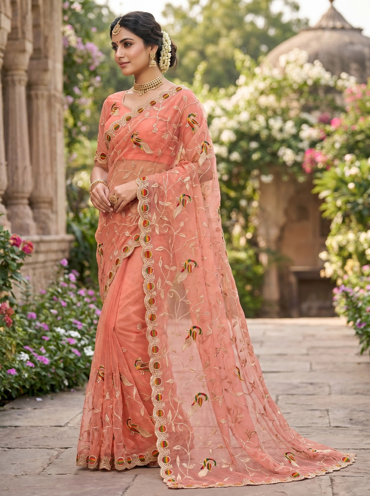 Close-up of Peach Net Saree with Peacock Thread Embroidery