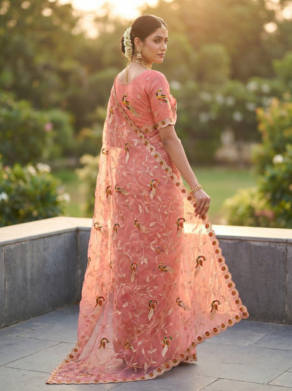 Premium Peach Embroidered Net Saree for Party and Festive Wear