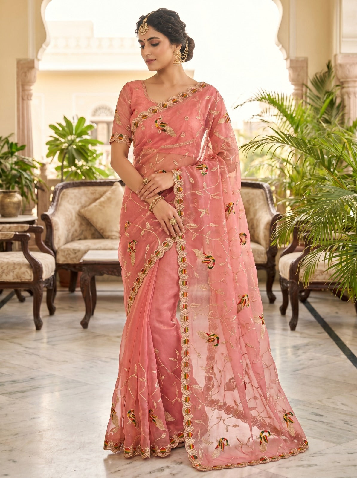 Peach Peacock Embroidered Net Saree Front View for Wedding Wear