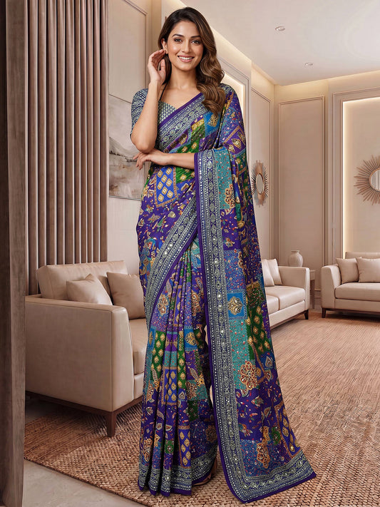 Royal Purple Ajrak Printed Saree for Women with Traditional Ethnic Patterns, Intricate Border Design, Elegant Festive Wear, Designer Indian Printed Saree**
