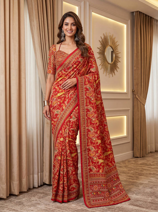Red Paisley Print Designer Saree for Wedding, Festive & Party Wear