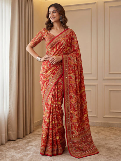 Red Paisley Print Designer Saree for Wedding, Festive & Party Wear