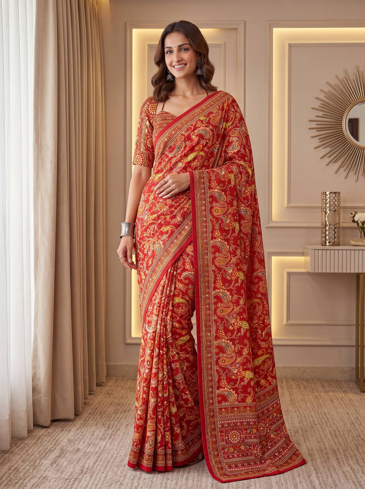 Red Paisley Print Designer Saree for Wedding, Festive & Party Wear