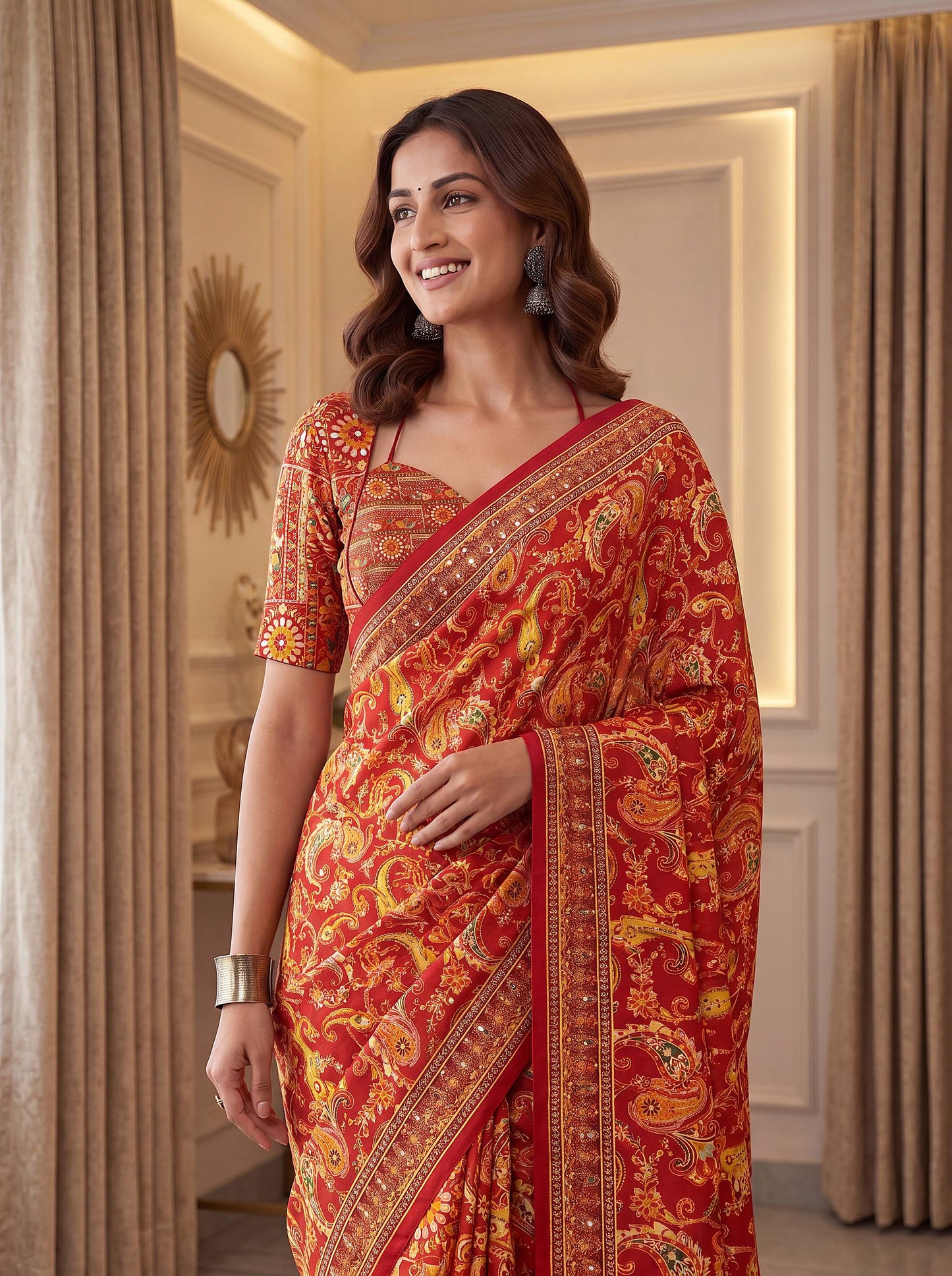 Red Paisley Print Designer Saree for Wedding, Festive & Party Wear