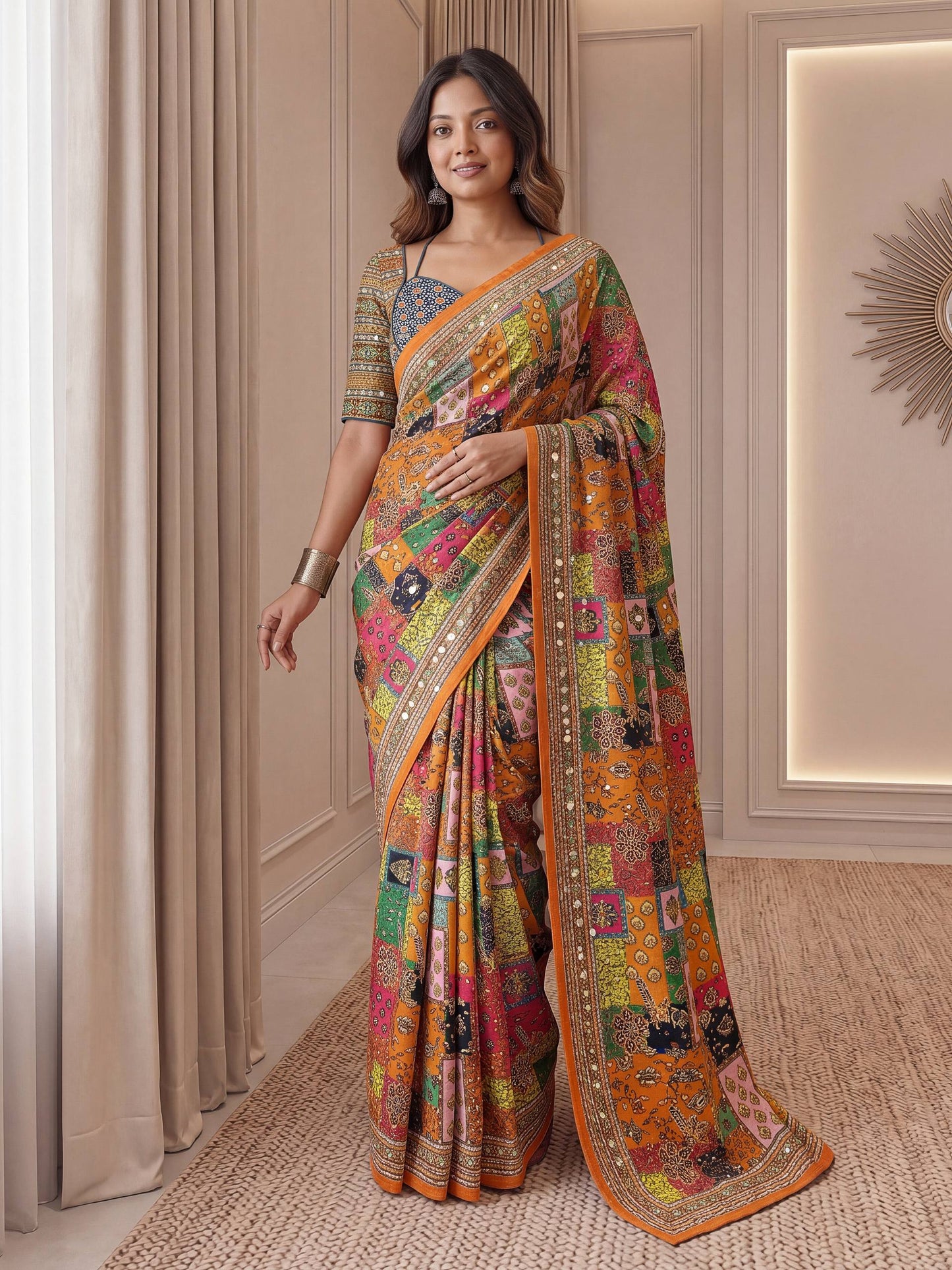 Designer Multicolor Patch Print Saree with Rich Ethnic Border