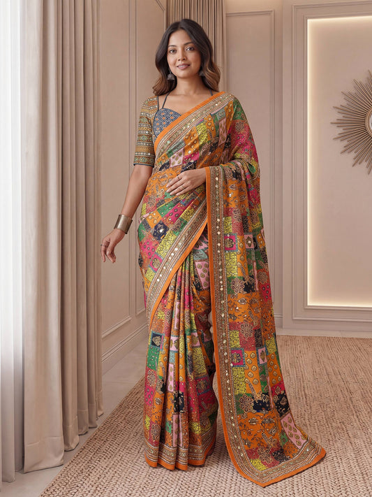 Designer Multicolor Patch Print Saree with Rich Ethnic Border