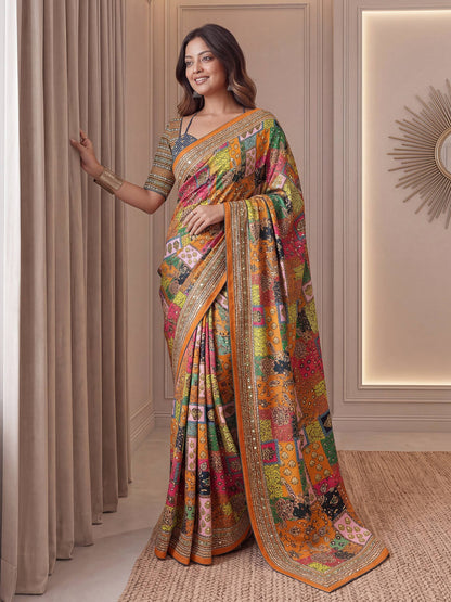 Designer Multicolor Patch Print Saree with Rich Ethnic Border