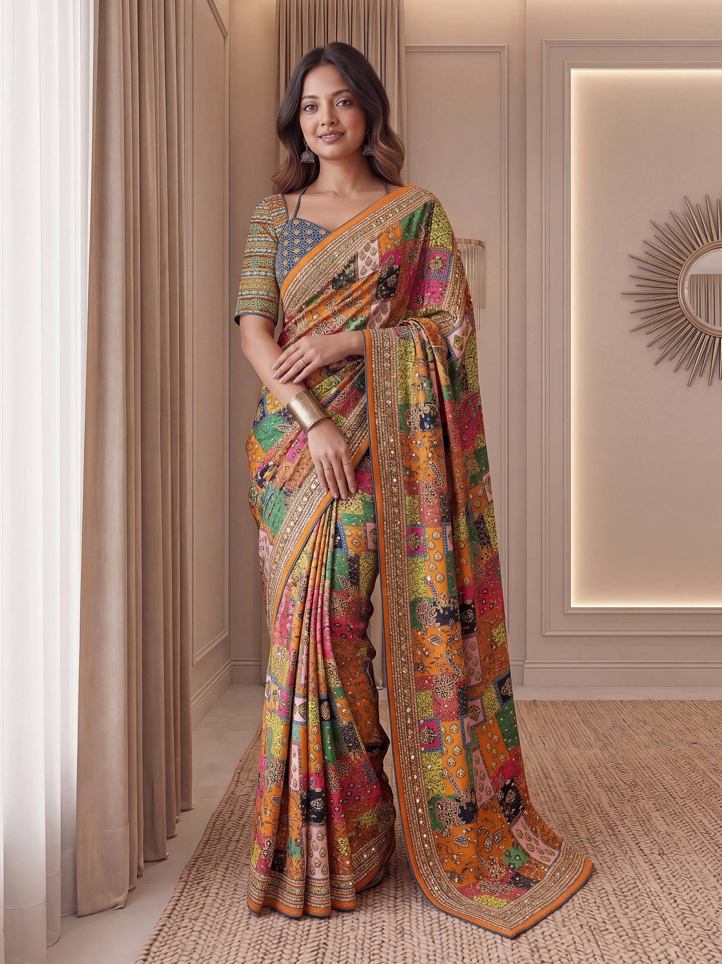 Designer Multicolor Patch Print Saree with Rich Ethnic Border