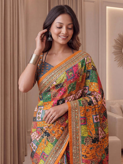 Designer Multicolor Patch Print Saree with Rich Ethnic Border