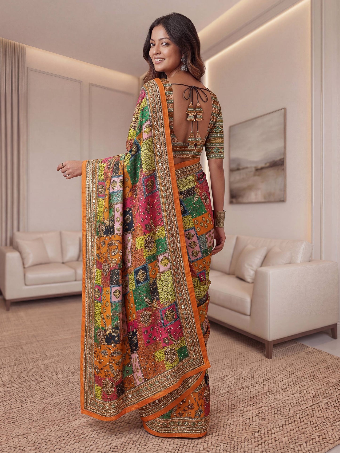Designer Multicolor Patch Print Saree with Rich Ethnic Border