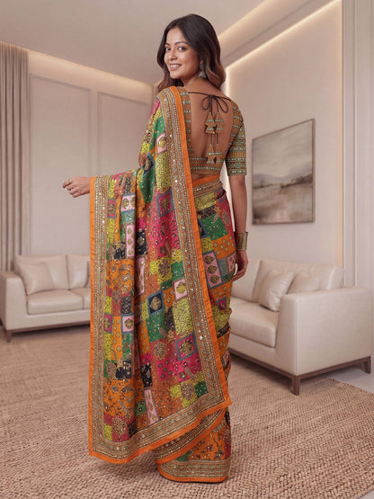 Designer Multicolor Patch Print Saree with Rich Ethnic Border