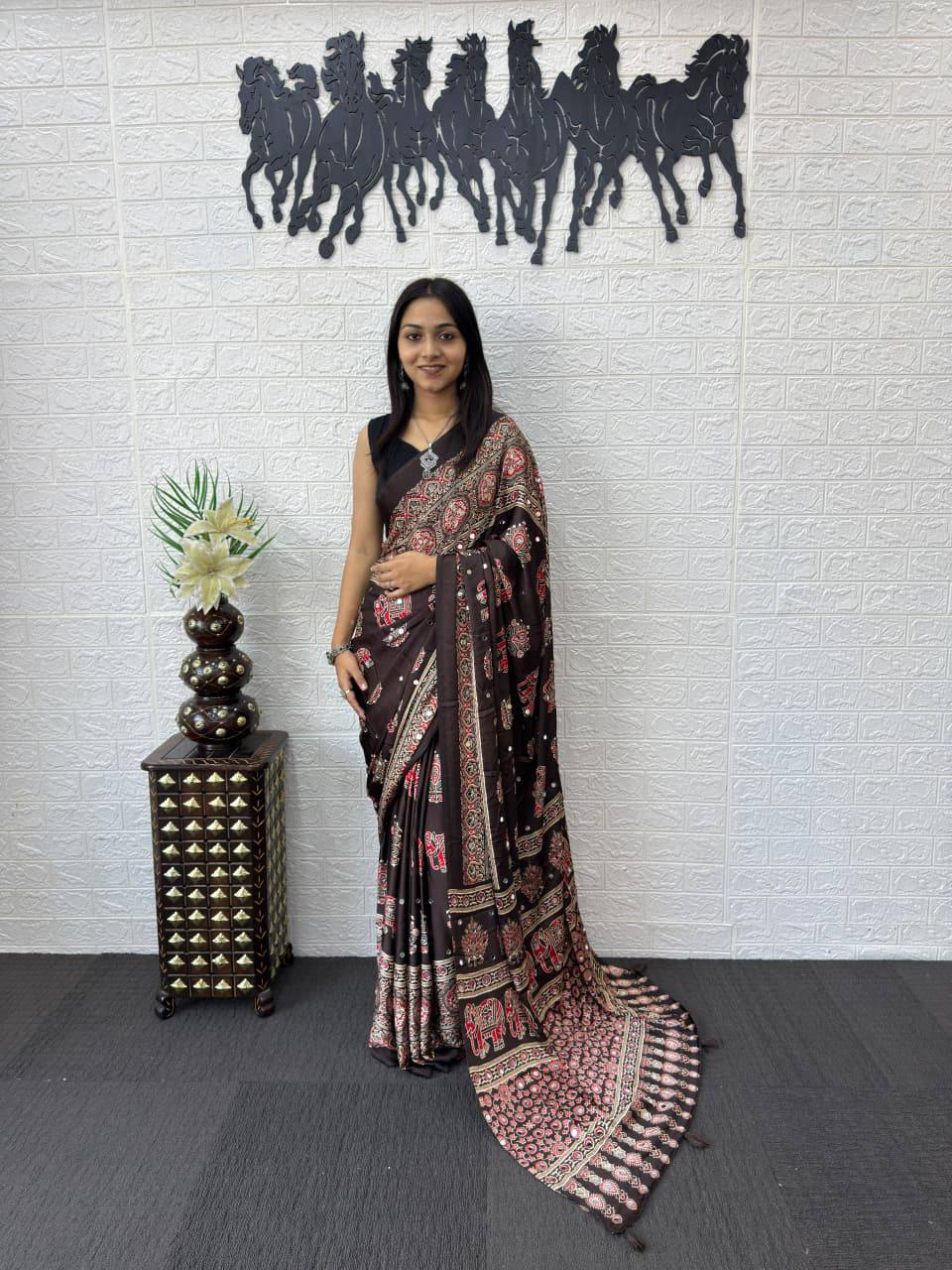 Luxury Cream Ajrak Print Saree for Festive & Cultural Occasions