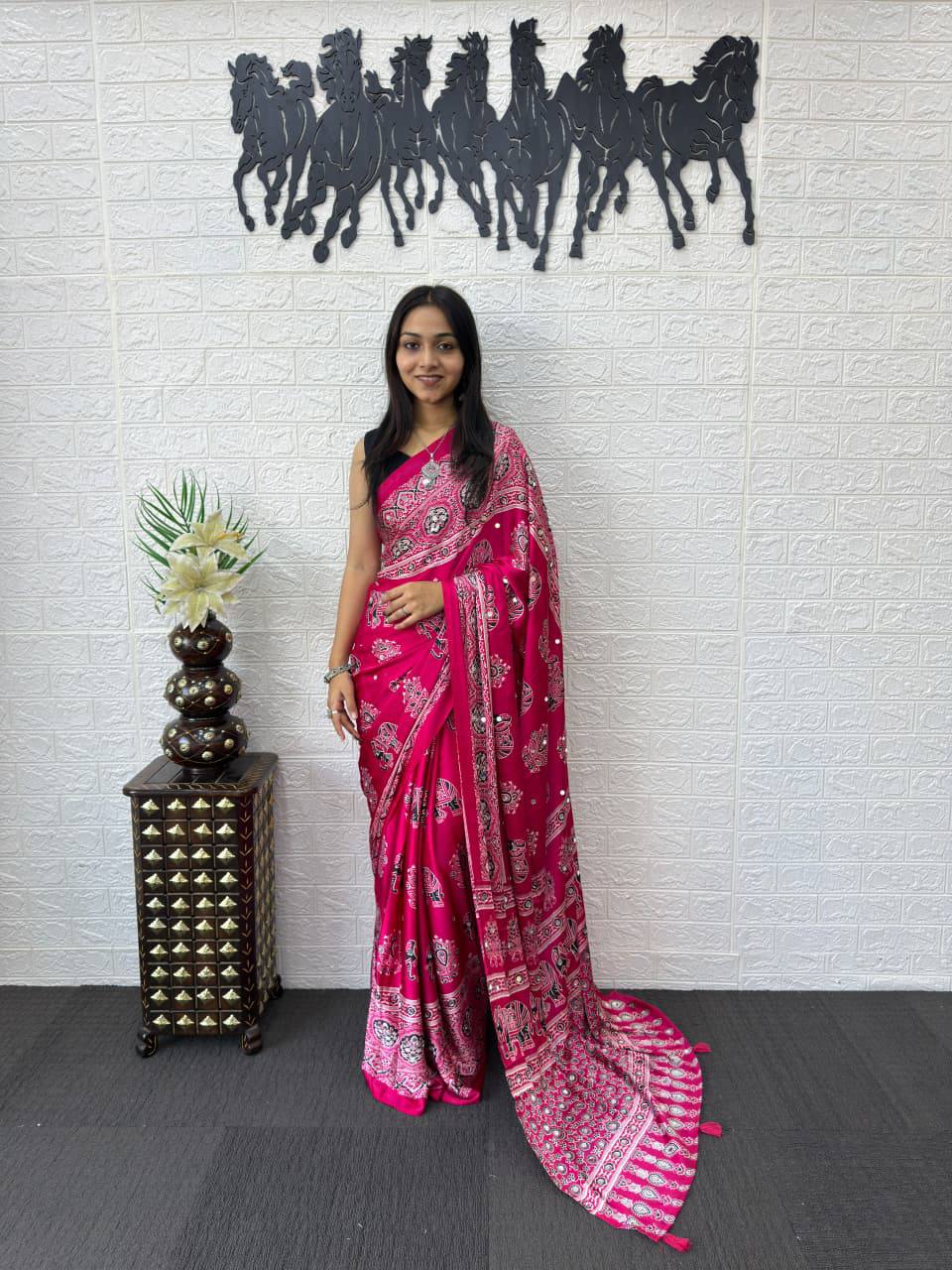 Luxury Cream Ajrak Print Saree for Festive & Cultural Occasions