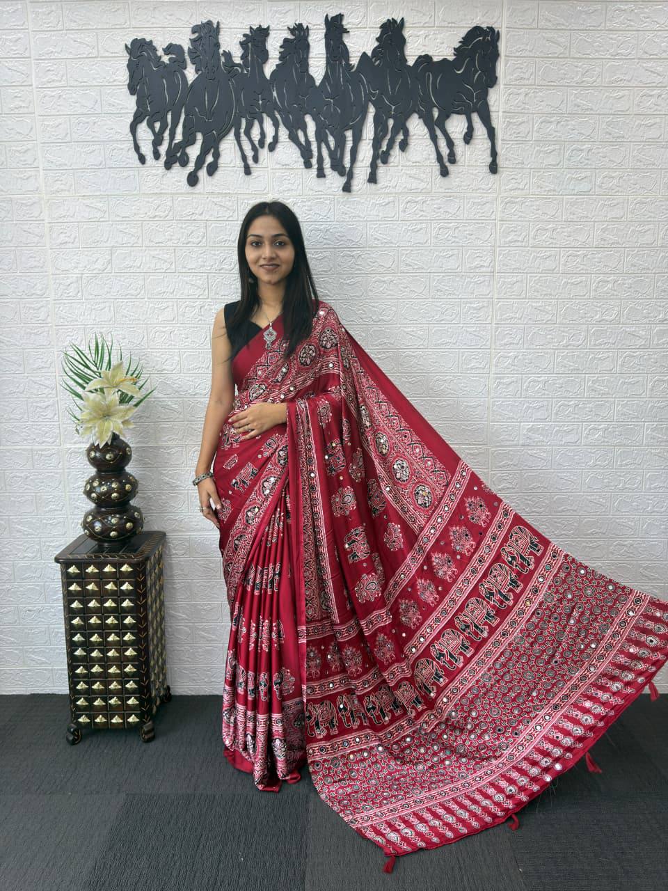 Luxury Cream Ajrak Print Saree for Festive & Cultural Occasions