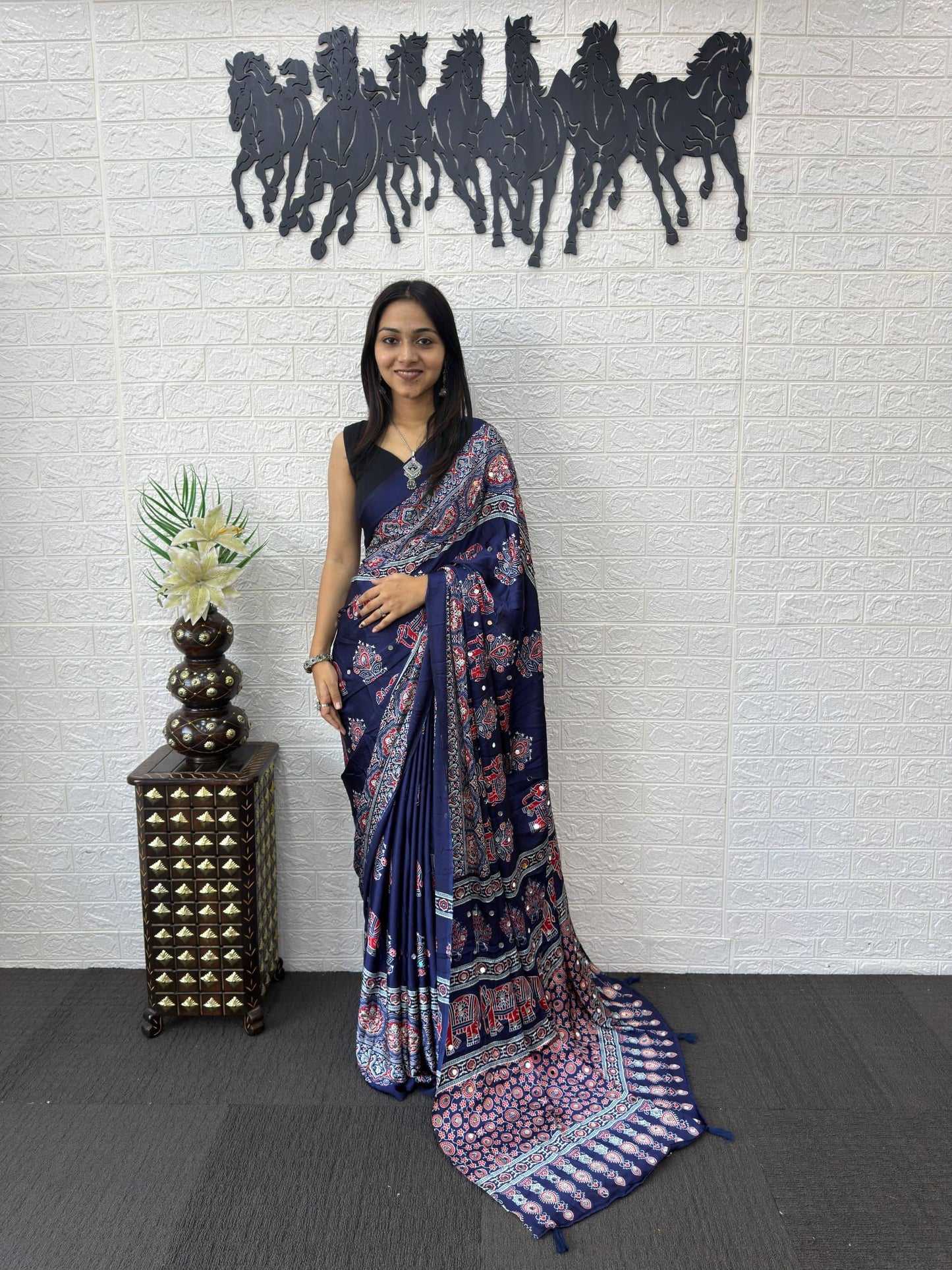 Luxury Cream Ajrak Print Saree for Festive & Cultural Occasions