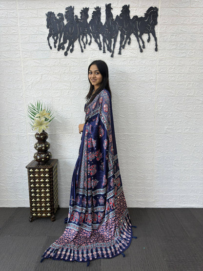 Luxury Cream Ajrak Print Saree for Festive & Cultural Occasions