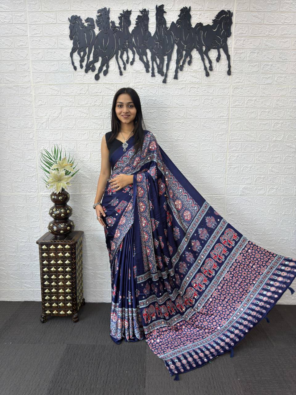 Luxury Cream Ajrak Print Saree for Festive & Cultural Occasions