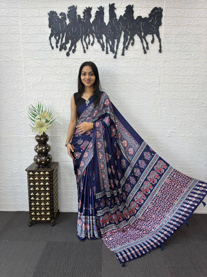 Luxury Cream Ajrak Print Saree for Festive & Cultural Occasions