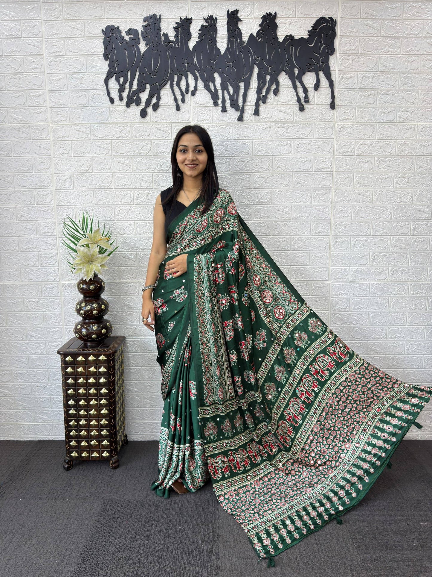 Luxury Cream Ajrak Print Saree for Festive & Cultural Occasions