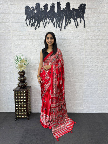 Luxury Cream Ajrak Print Saree for Festive & Cultural Occasions