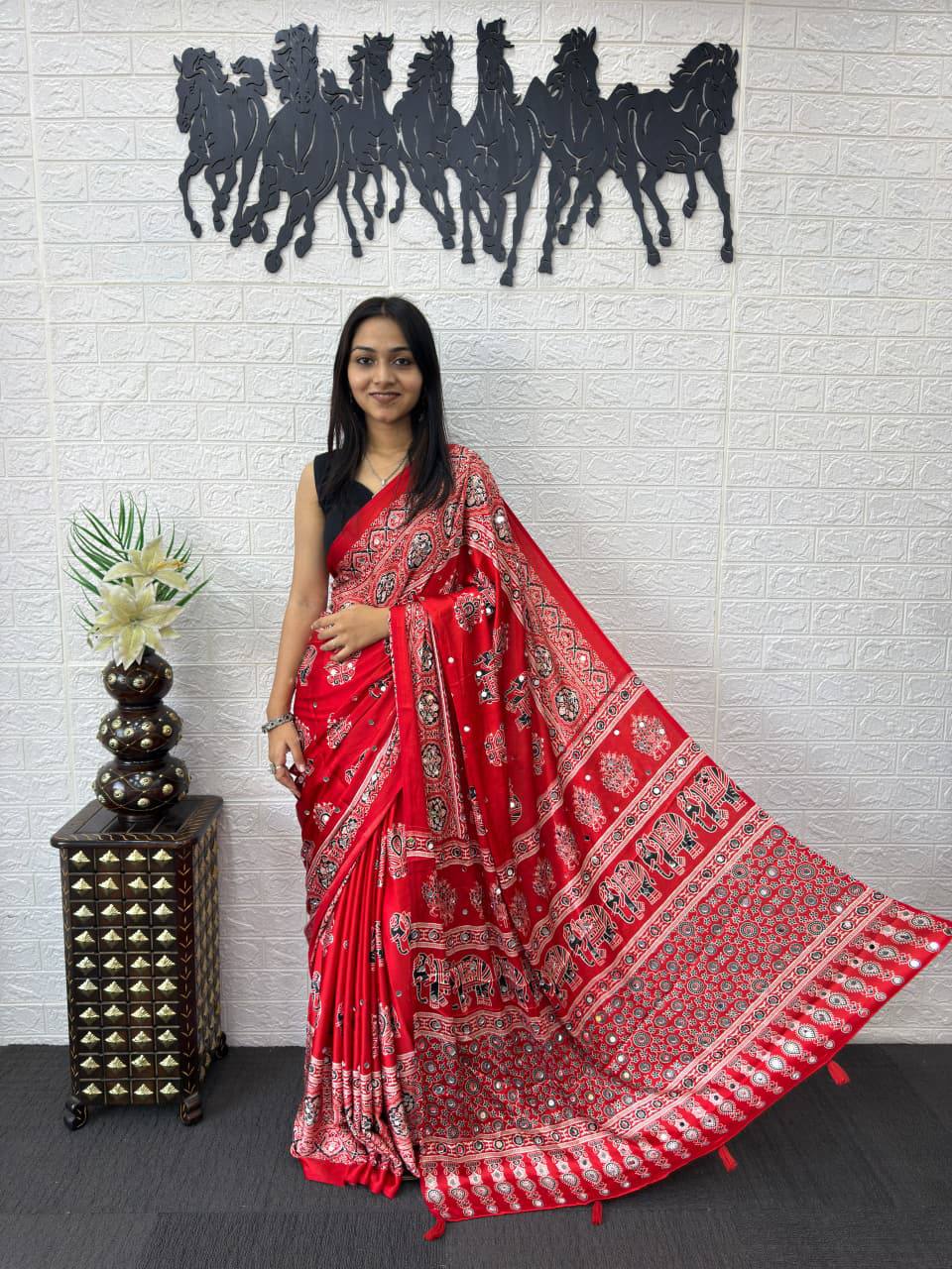 Luxury Cream Ajrak Print Saree for Festive & Cultural Occasions