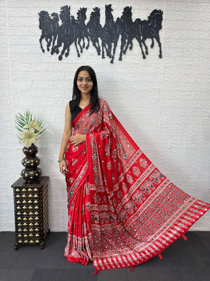Luxury Cream Ajrak Print Saree for Festive & Cultural Occasions